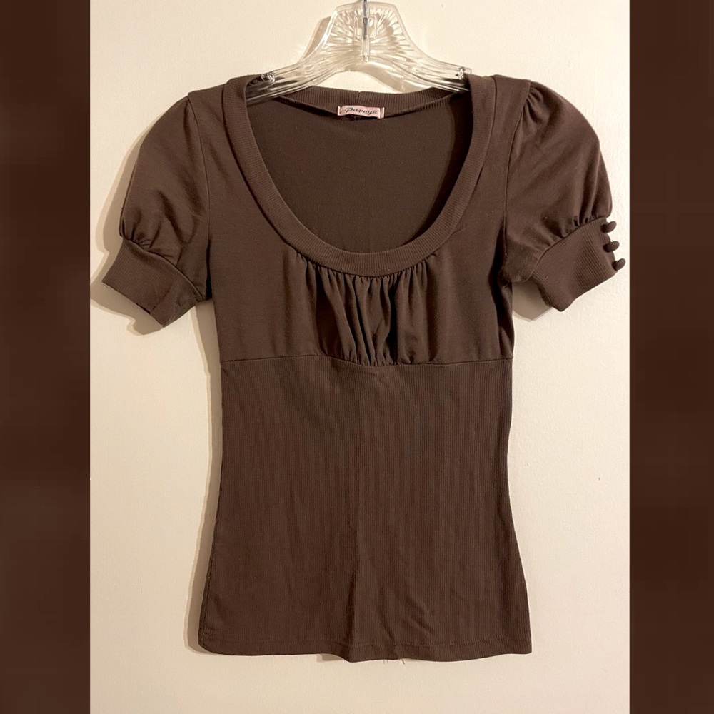 3/$15 Brown Scoop Neck Shirt with Button Detail